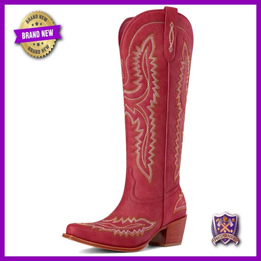 Western Knee High Boots Pointed Toe Chunky Heel Retro Cowgirl Pull On